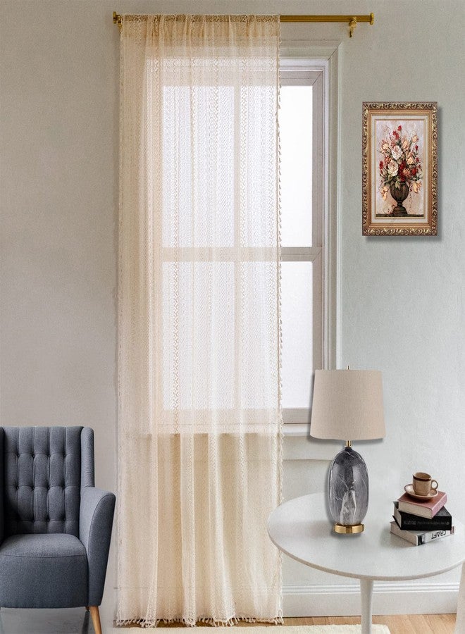 HSOFTIFY Boho Crochet Curtains 2 Panels, 63 inch Long Bohemian Lace Semi-Sheer Curtains & Drapes with Vintage Tassels for Bedroom & Living Room (59" x 63" Beige) - Image 2